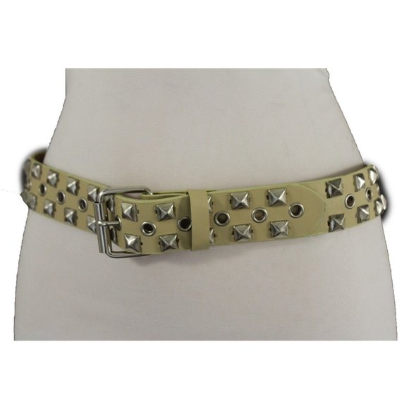 New Women Men Fashion Belt Beige Faux Leather Silver Metal Studs Size S M L XL - Picture 16 of 17
